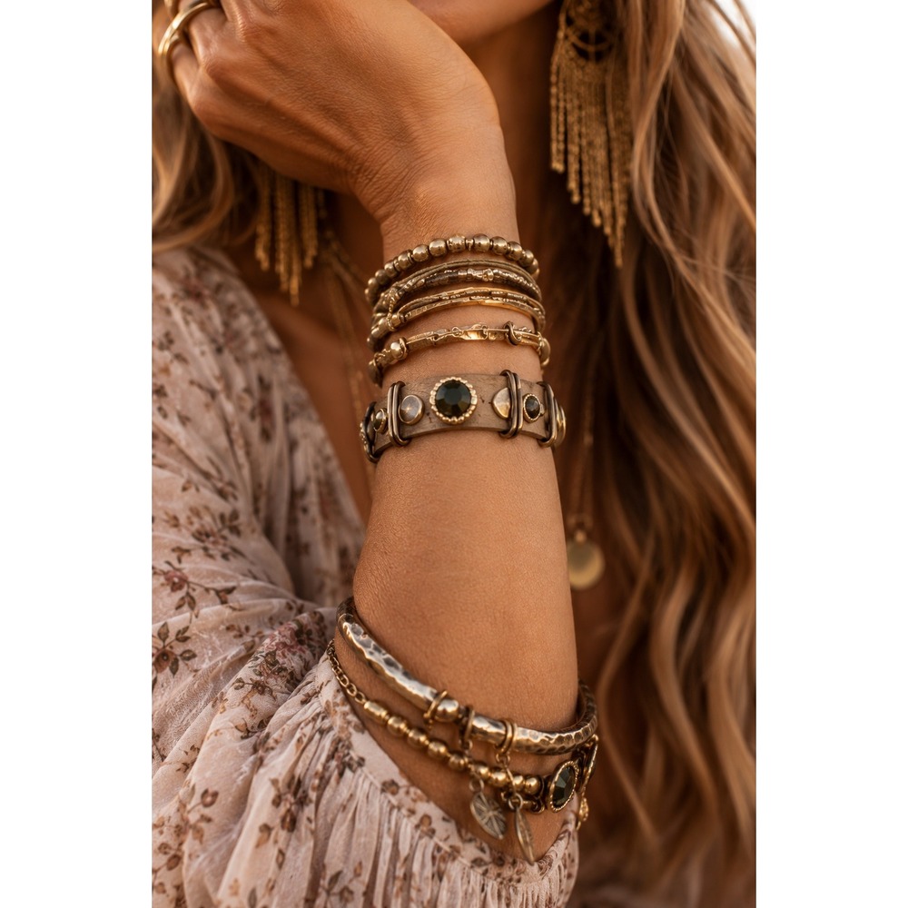 Metallic Leather Crystal Studded Cuff Bracelet Champagne Gold Green Adjusts 8.5"